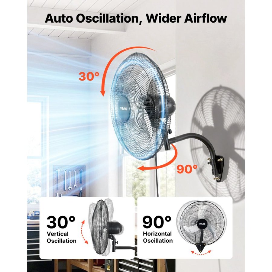 VEVOR Wall Mount Fan, 500mm Wall Mounted Hanging Fan Oscillating, 3-Speed, Long Airflow Distance, Adjustable Rotation Angle, Mechanical Powerful for Industry, Commercial, Garage, Workshop, Gym, Black