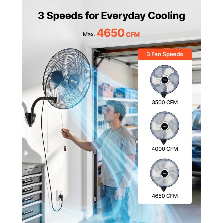 VEVOR Wall Mount Fan, 500mm Wall Mounted Hanging Fan Oscillating, 3-Speed, Long Airflow Distance, Adjustable Rotation Angle, Mechanical Powerful for Industry, Commercial, Garage, Workshop, Gym, Black