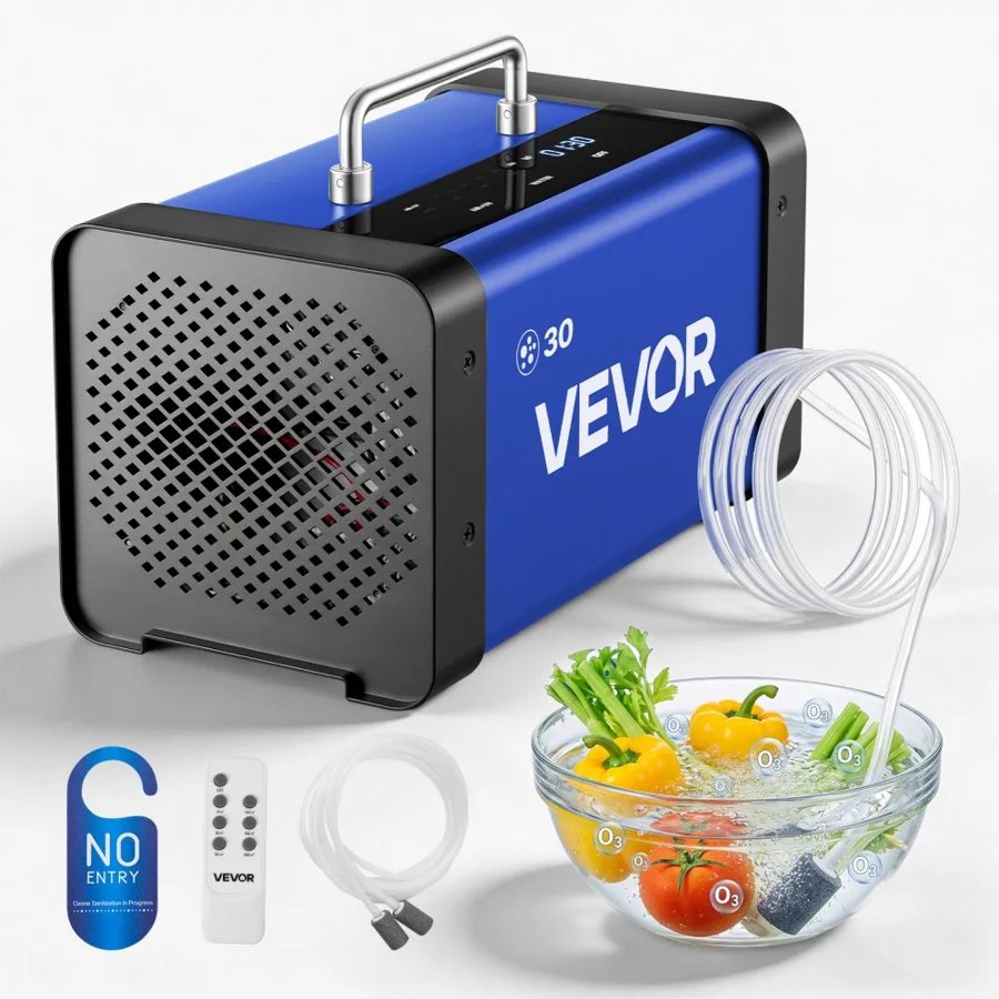 VEVOR Ozone Generator, 30000mg/h Commercial Ozone Machine, with 15s Delayed Start & Dual-Hose Water Mode & LCD Touchscreen, Industrial Deodorizer for Car, Smoke, Home Odors, Up to 250 m²