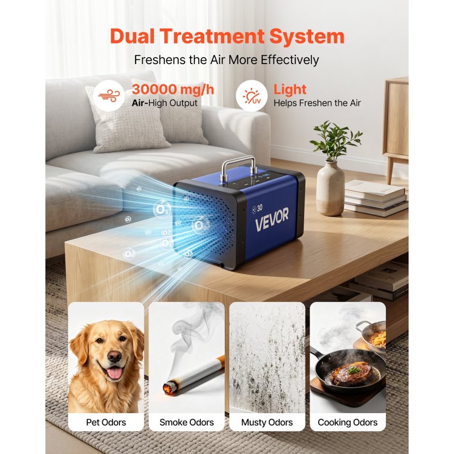 VEVOR Ozone Generator, 30000mg/h Commercial Ozone Machine, with 15s Delayed Start & Dual-Hose Water Mode & LCD Touchscreen, Industrial Deodorizer for Car, Smoke, Home Odors, Up to 250 m²