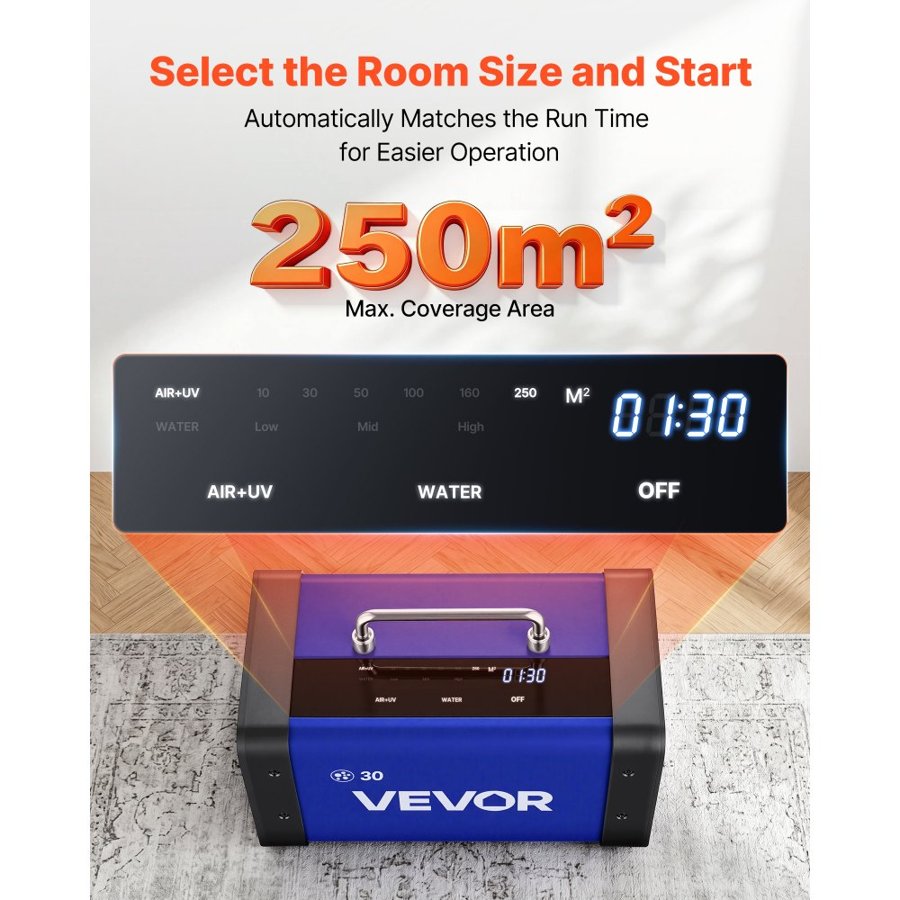 VEVOR Ozone Generator, 30000mg/h Commercial Ozone Machine, with 15s Delayed Start & Dual-Hose Water Mode & LCD Touchscreen, Industrial Deodorizer for Car, Smoke, Home Odors, Up to 250 m²