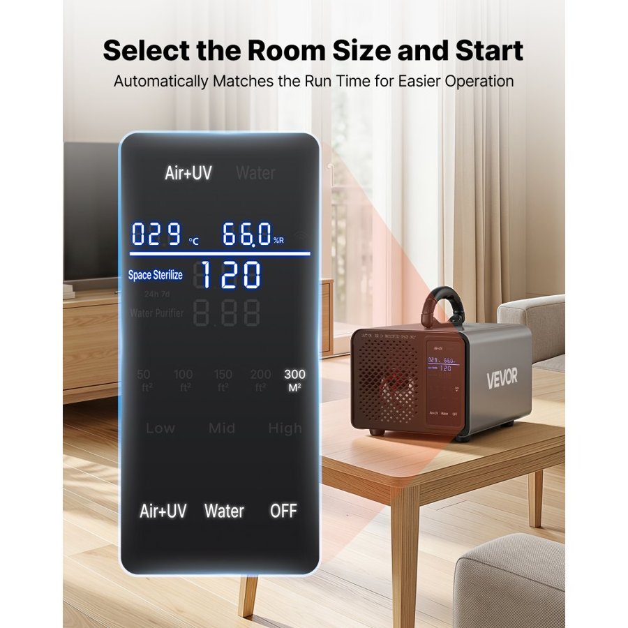 VEVOR Ozone Generator, 36000mg/h Commercial Ozone Machine, with 15s Delayed Start & Area-Based Timer & LCD Touchscreen Display, Industrial Deodorizer for Car, Smoke, Home Odors, Up to 300 m²