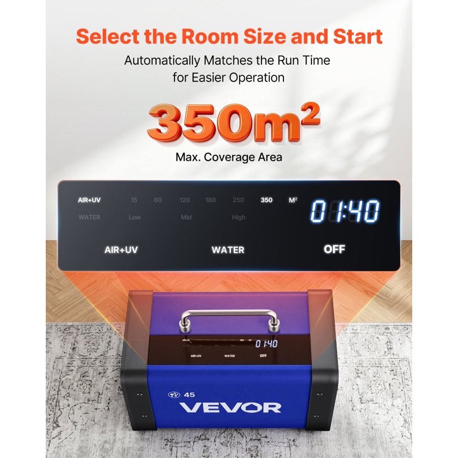 VEVOR Ozone Generator, 45000mg/h Commercial Ozone Machine, with 15s Delayed Start & Dual-Hose Water Mode & LCD Touchscreen, Industrial Deodorizer for Car, Smoke, Home Odors, Up to 350 m²