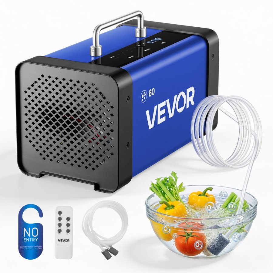 VEVOR Ozone Generator, 60000mg/h Commercial Ozone Machine, with 15s Delayed Start & Dual-Hose Water Mode & LCD Touchscreen, Industrial Deodorizer for Car, Smoke, Home Odors, Up to 450 m²