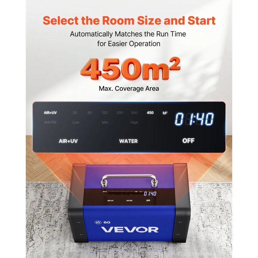 VEVOR Ozone Generator, 60000mg/h Commercial Ozone Machine, with 15s Delayed Start & Dual-Hose Water Mode & LCD Touchscreen, Industrial Deodorizer for Car, Smoke, Home Odors, Up to 450 m²