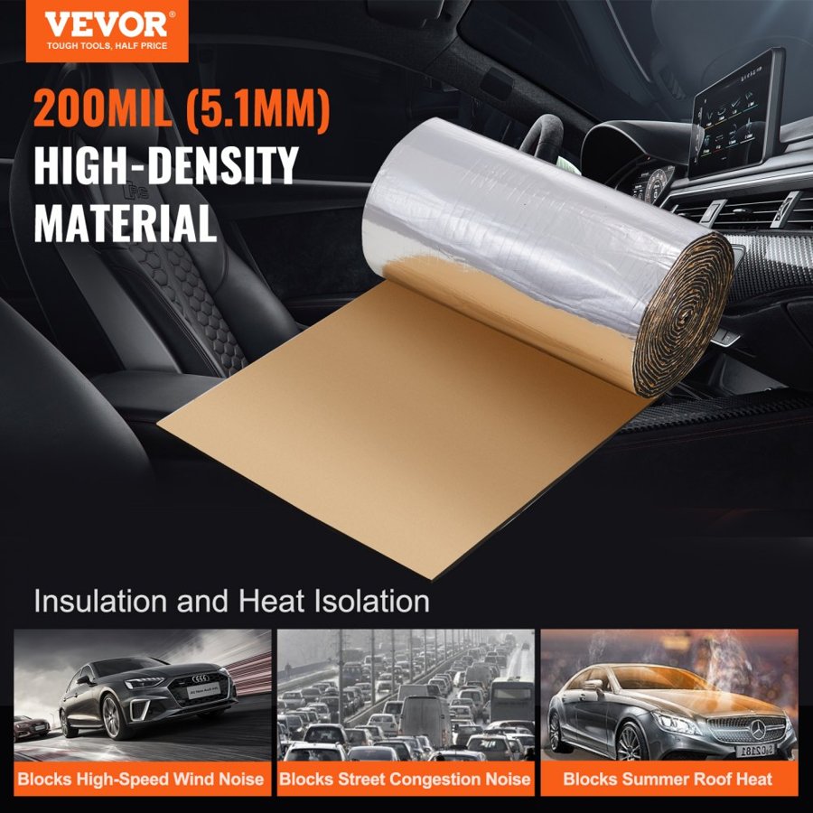 VEVOR Car Sound Deadening Mat, 200 mil 3.3sq.m Automotive Sound Deadener, High Density Foam Sound Deadener Material & Heat Barrier, Double Layer Waterproof Structure Acoustic Insulation Mat