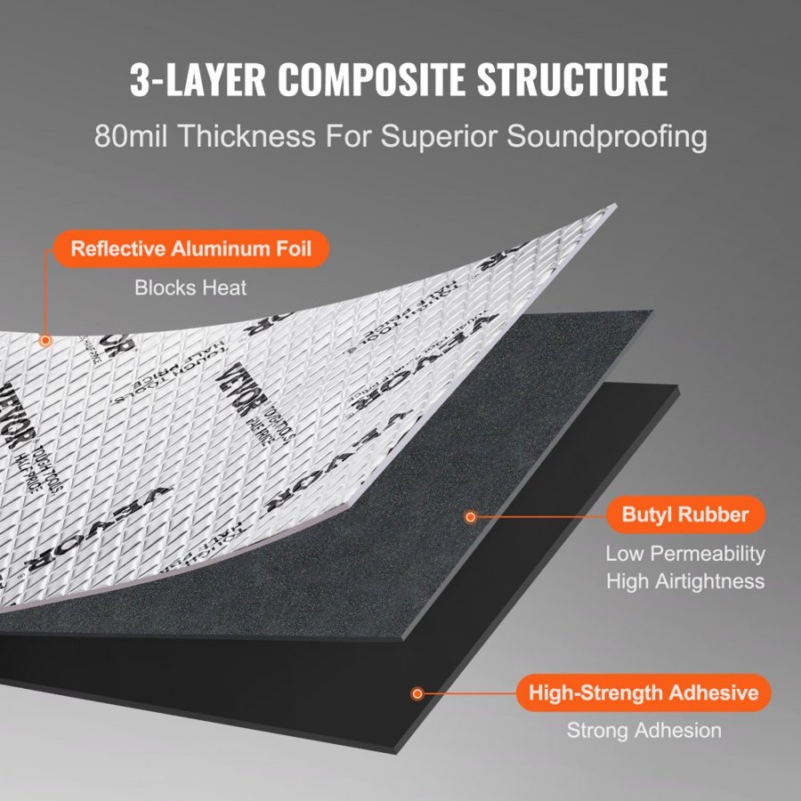 VEVOR Car Sound Deadening Mat, 80 mil 3.3sq.m Car Sound Dampening Material, Butyl Automotive Sound Deadener, Noise Insulation and Vibration Dampening Material for Car