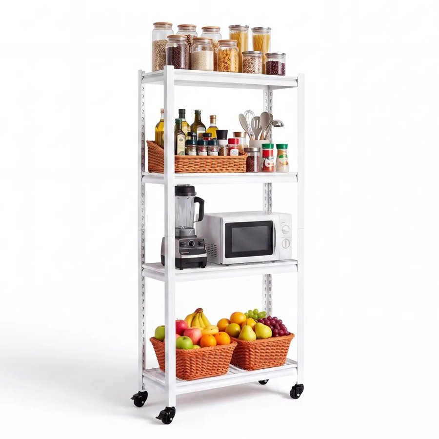 VEVOR Storage Shelves, 4-Tier Garage Shelving Wheels 76.2 x 31.3 x 160 cm, for Garage, Basement, Warehouse, Kitchen, 362.9 kg Static Load, Heavy-Duty Metal Unit, Adjustable Racks, with Gloves, White