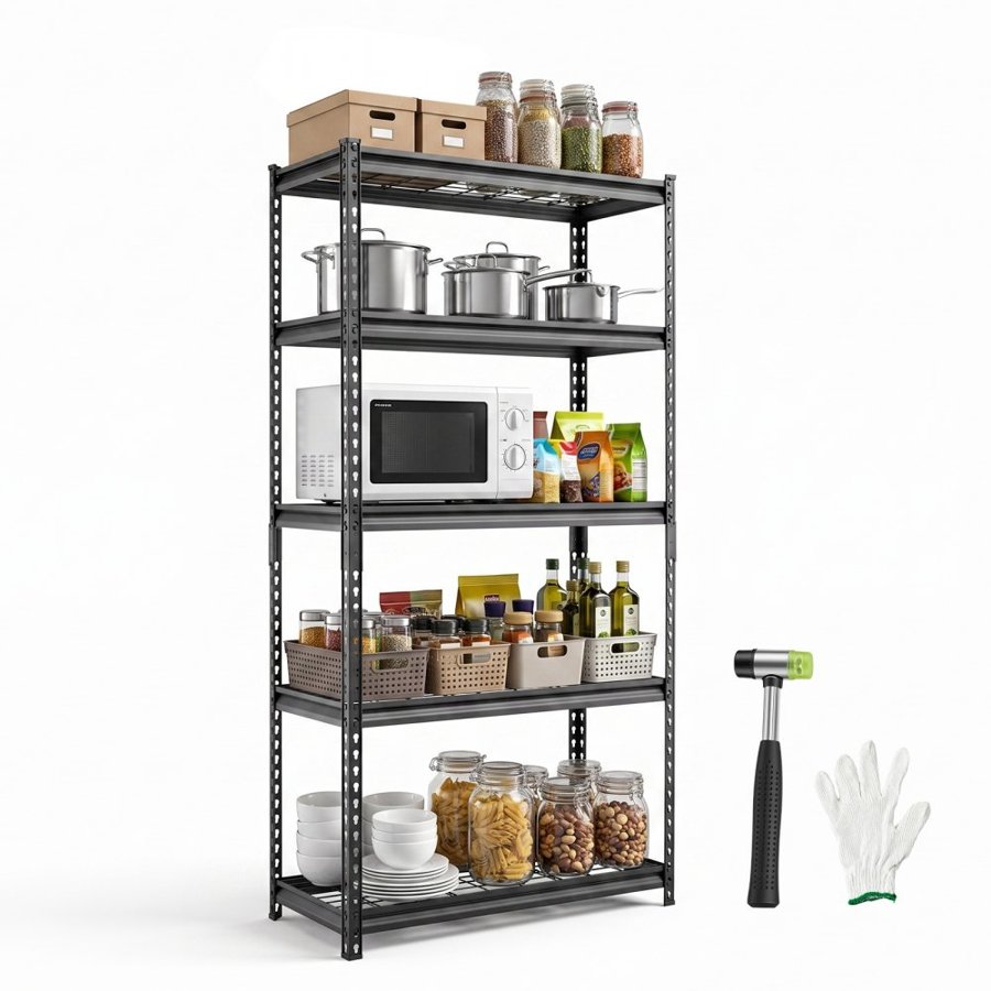 VEVOR Storage Shelves, 5-Tier 907.2 kg Garage Shelving 92.3 x 41.5 x 181 cm, for Garage, Basement, Warehouse, Kitchen, Heavy-Duty Metal Stable Construction, Adjustable Wire Racks, with Gloves, Black