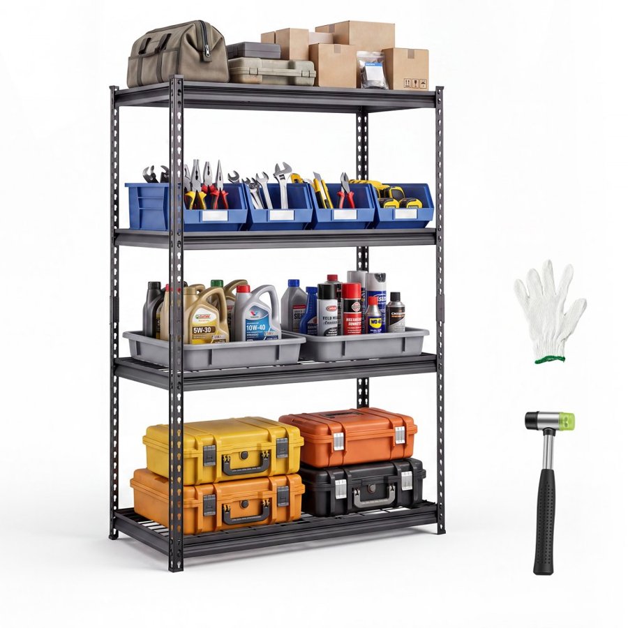 VEVOR Storage Shelves, 4-Tier 1088.6 kg Garage Shelving 102 x 51 x 152 cm, for Garage, Basement, Warehouse, Kitchen, Heavy-Duty Metal Stable Construction, Adjustable Wire Racks, with Gloves, Black