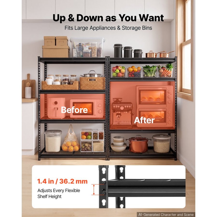 VEVOR Storage Shelves, 4-Tier 1088.6 kg Garage Shelving 102 x 51 x 152 cm, for Garage, Basement, Warehouse, Kitchen, Heavy-Duty Metal Stable Construction, Adjustable Wire Racks, with Gloves, Black