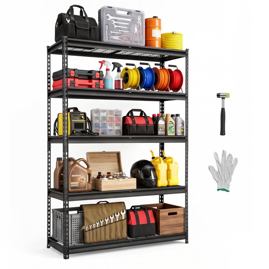VEVOR Storage Shelves, 5-Tier 1134 kg Garage Shelving 122 x 45 x 181.3 cm, for Garage, Basement, Warehouse, Kitchen, Heavy-Duty Metal Stable Construction, Adjustable Wire Racks, with Gloves, Black