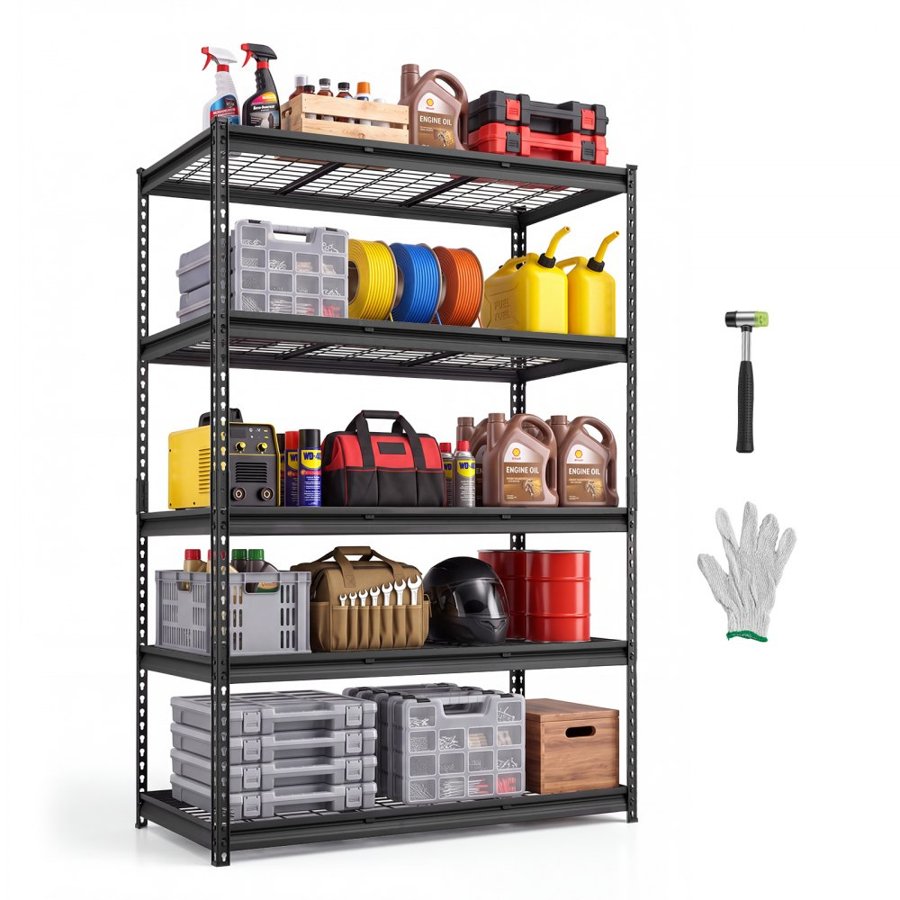 VEVOR Storage Shelves, 5-Tier 1361 kg Garage Shelving 122 x 61 x 181.3 cm, for Garage, Basement, Warehouse, Kitchen, Heavy-Duty Metal Stable Construction, Adjustable Wire Racks, with Gloves, Black