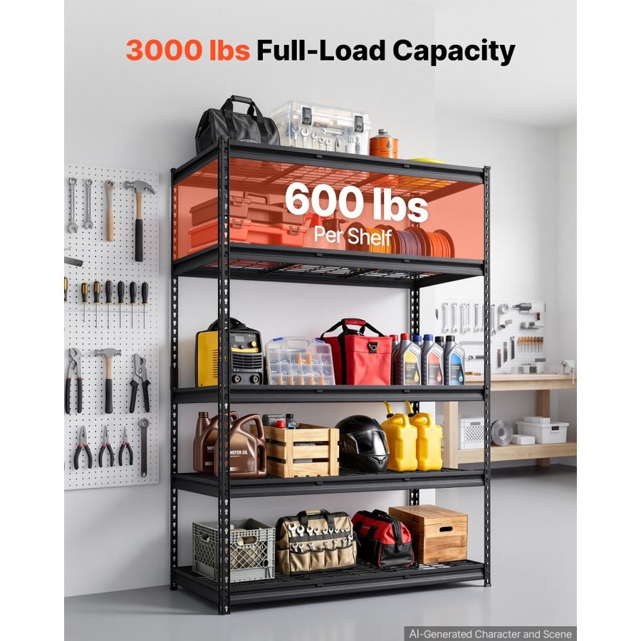 VEVOR Storage Shelves, 5-Tier 1361 kg Garage Shelving 122 x 61 x 181.3 cm, for Garage, Basement, Warehouse, Kitchen, Heavy-Duty Metal Stable Construction, Adjustable Wire Racks, with Gloves, Black