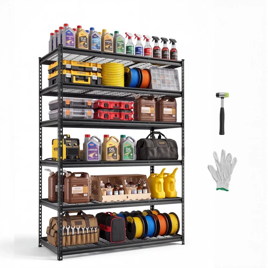 VEVOR Storage Shelves, 6-Tier 1633 kg Garage Shelving 140 x 61.2 x 195.8 cm, for Garage, Basement, Warehouse, Kitchen, Heavy-Duty Metal Stable Construction, Adjustable Wire Racks, with Gloves, Black