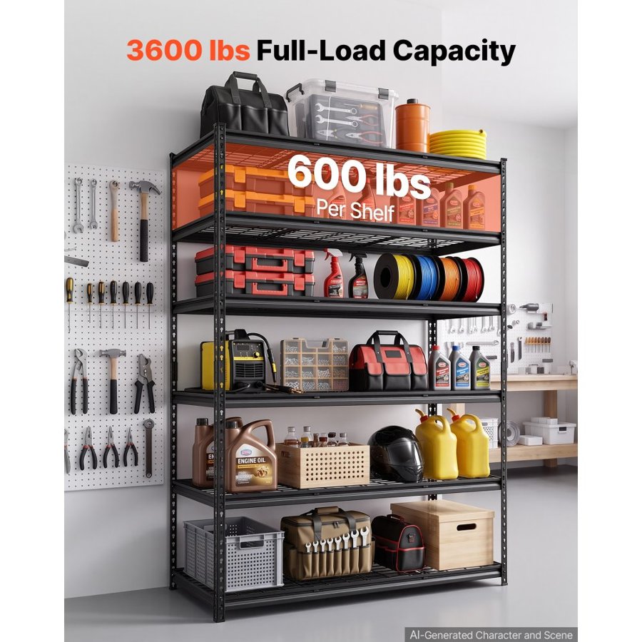 VEVOR Storage Shelves, 6-Tier 1633 kg Garage Shelving 140 x 61.2 x 195.8 cm, for Garage, Basement, Warehouse, Kitchen, Heavy-Duty Metal Stable Construction, Adjustable Wire Racks, with Gloves, Black