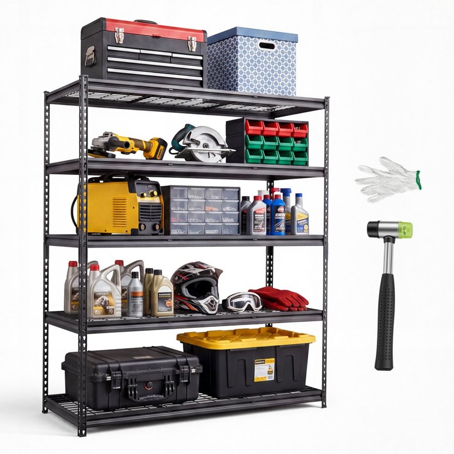 VEVOR Storage Shelves, 5-Tier 1361 kg Garage Shelving 153 x 61.2 x 181.3 cm, for Garage, Basement, Warehouse, Workshop, Heavy-Duty Metal Stable Construction, Adjustable Wire Racks, with Gloves, Black