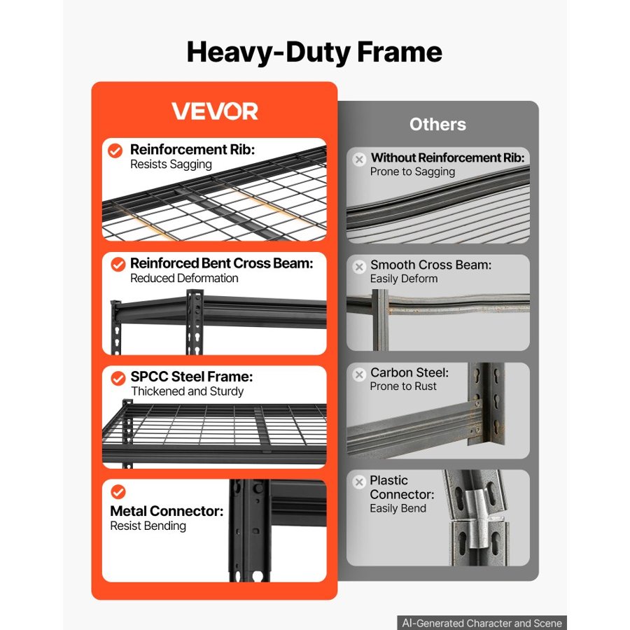 VEVOR Storage Shelves, 5-Tier 1361 kg Garage Shelving 153 x 61.2 x 181.3 cm, for Garage, Basement, Warehouse, Workshop, Heavy-Duty Metal Stable Construction, Adjustable Wire Racks, with Gloves, Black