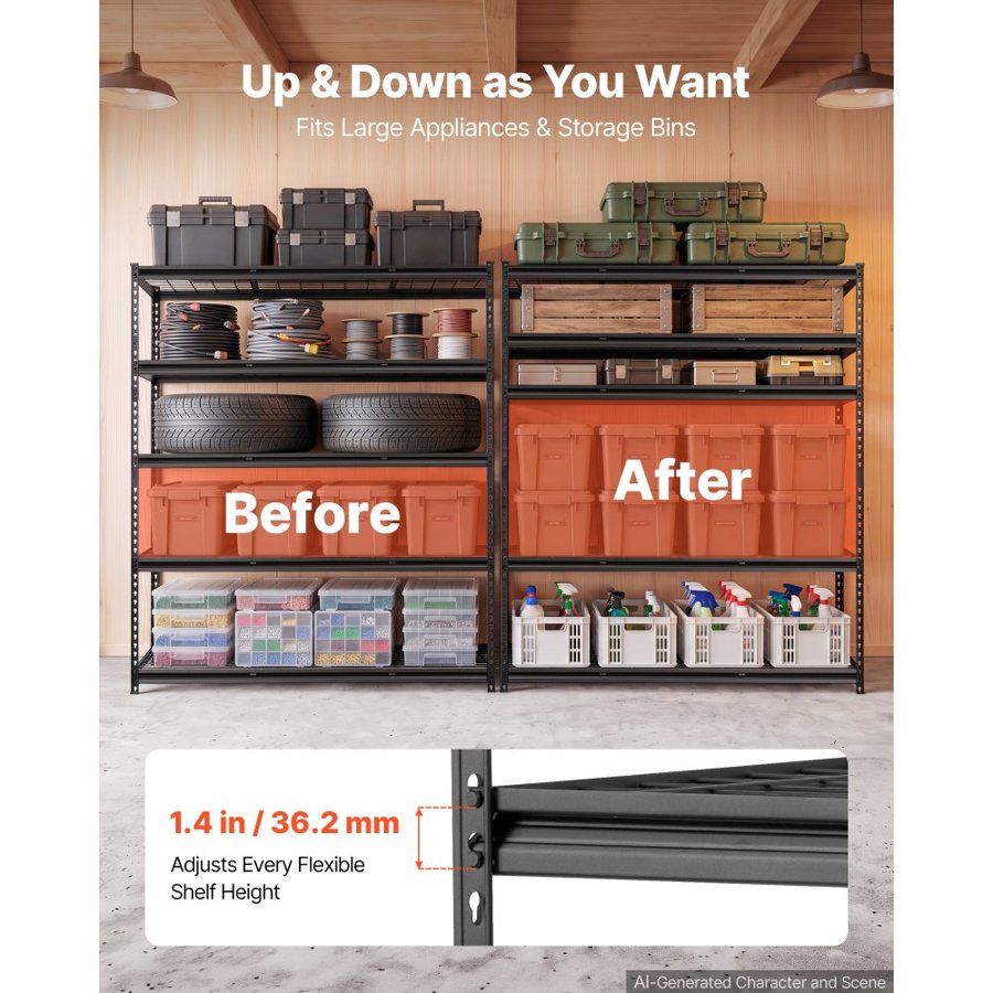 VEVOR Storage Shelves, 5-Tier 1361 kg Garage Shelving 153 x 61.2 x 181.3 cm, for Garage, Basement, Warehouse, Workshop, Heavy-Duty Metal Stable Construction, Adjustable Wire Racks, with Gloves, Black