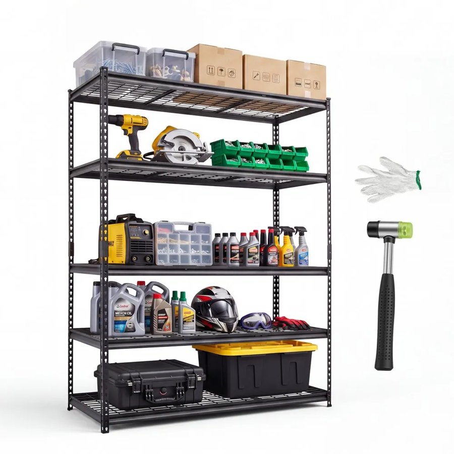 VEVOR Storage Shelves, 5-Tier 1361 kg Garage Shelving 153 x 61.2 x 195.8 cm, for Garage, Basement, Warehouse, Workshop, Heavy-Duty Metal Stable Construction, Adjustable Wire Racks, with Gloves, Black