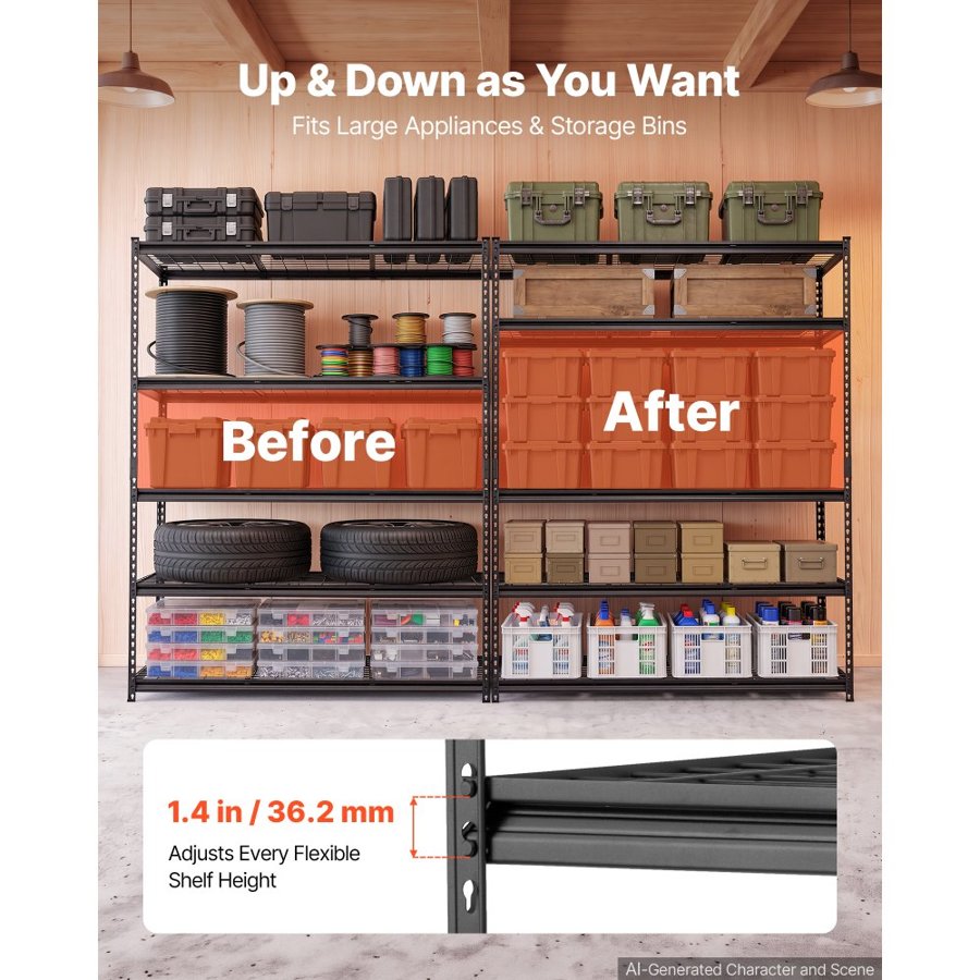 VEVOR Storage Shelves, 5-Tier 1361 kg Garage Shelving 153 x 61.2 x 195.8 cm, for Garage, Basement, Warehouse, Workshop, Heavy-Duty Metal Stable Construction, Adjustable Wire Racks, with Gloves, Black