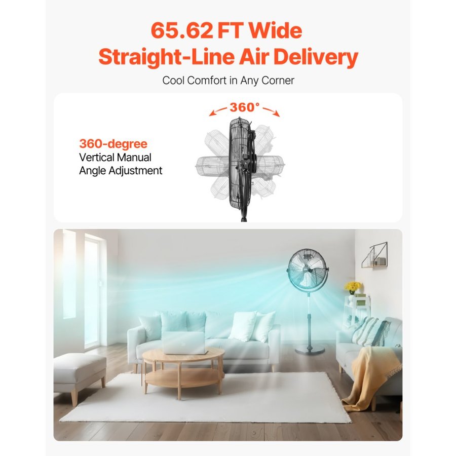 VEVOR Industrial Pedestal Fan, 18 Inch Standing Fan with 45.3 to 57.9 Inches Adjustable Height, Floor Fans with 3 Adjustable Speeds, High Power Bedroom Fans for Living Room, Home, Office, Black