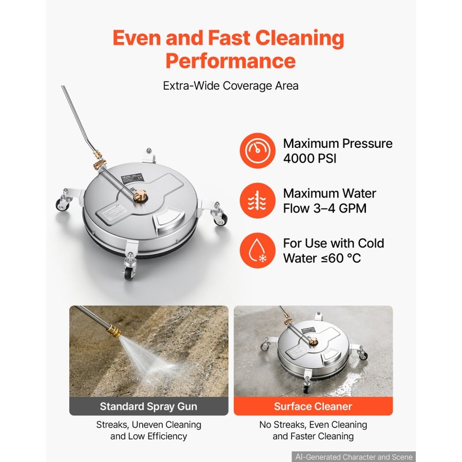 VEVOR 41.9 cm Pressure Washer Surface Cleaner with Wheels, Stainless Steel, Power Washer Attachment for Concrete, Patio, Driveway, Floor & Undercarriage, Max 4000PSI, 1/4 Quick Connector, Extended Wand
