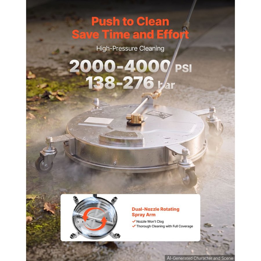 VEVOR 41.9 cm Pressure Washer Surface Cleaner with Wheels, Stainless Steel, Power Washer Attachment for Concrete, Patio, Driveway, Floor & Undercarriage, Max 4000PSI, 1/4 Quick Connector, Extended Wand