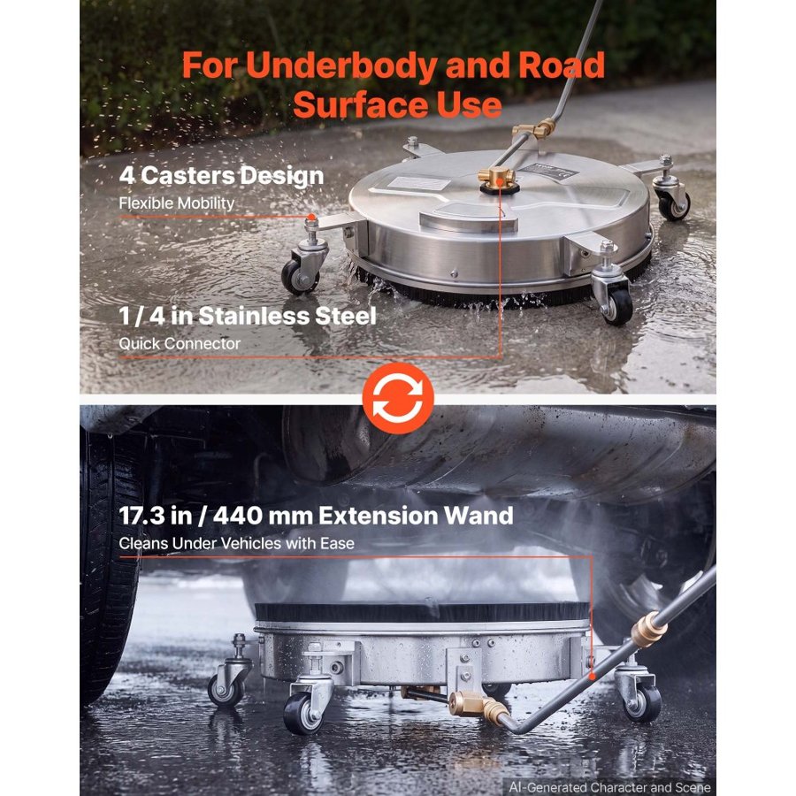 VEVOR 41.9 cm Pressure Washer Surface Cleaner with Wheels, Stainless Steel, Power Washer Attachment for Concrete, Patio, Driveway, Floor & Undercarriage, Max 4000PSI, 1/4 Quick Connector, Extended Wand