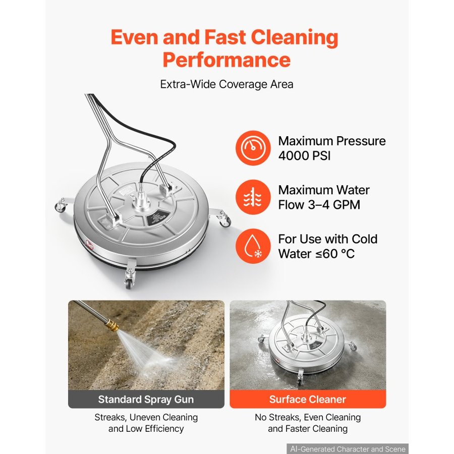 VEVOR 76.2 cm Pressure Washer Surface Cleaner with Wheels, Stainless Steel, Power Washer Attachment with Raised Handle for Concrete, Patio, Sidewalk, Deck, Driveway, 4000 Max PSI, 3/8 Quick Connector