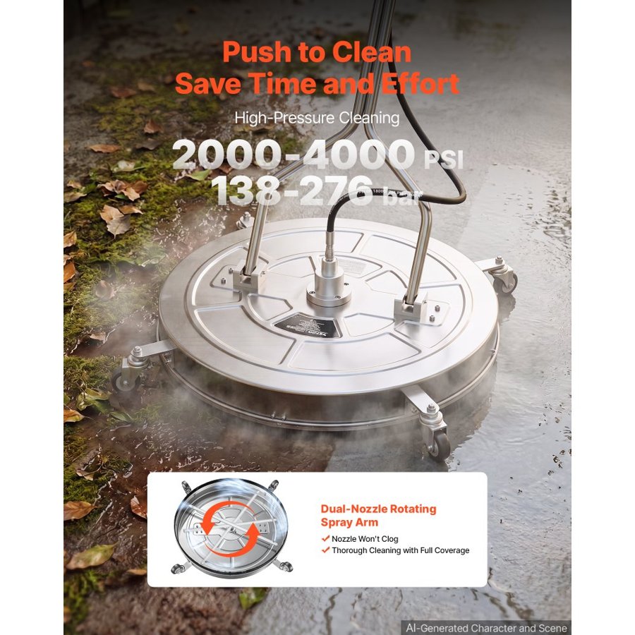 VEVOR 76.2 cm Pressure Washer Surface Cleaner with Wheels, Stainless Steel, Power Washer Attachment with Raised Handle for Concrete, Patio, Sidewalk, Deck, Driveway, 4000 Max PSI, 3/8 Quick Connector