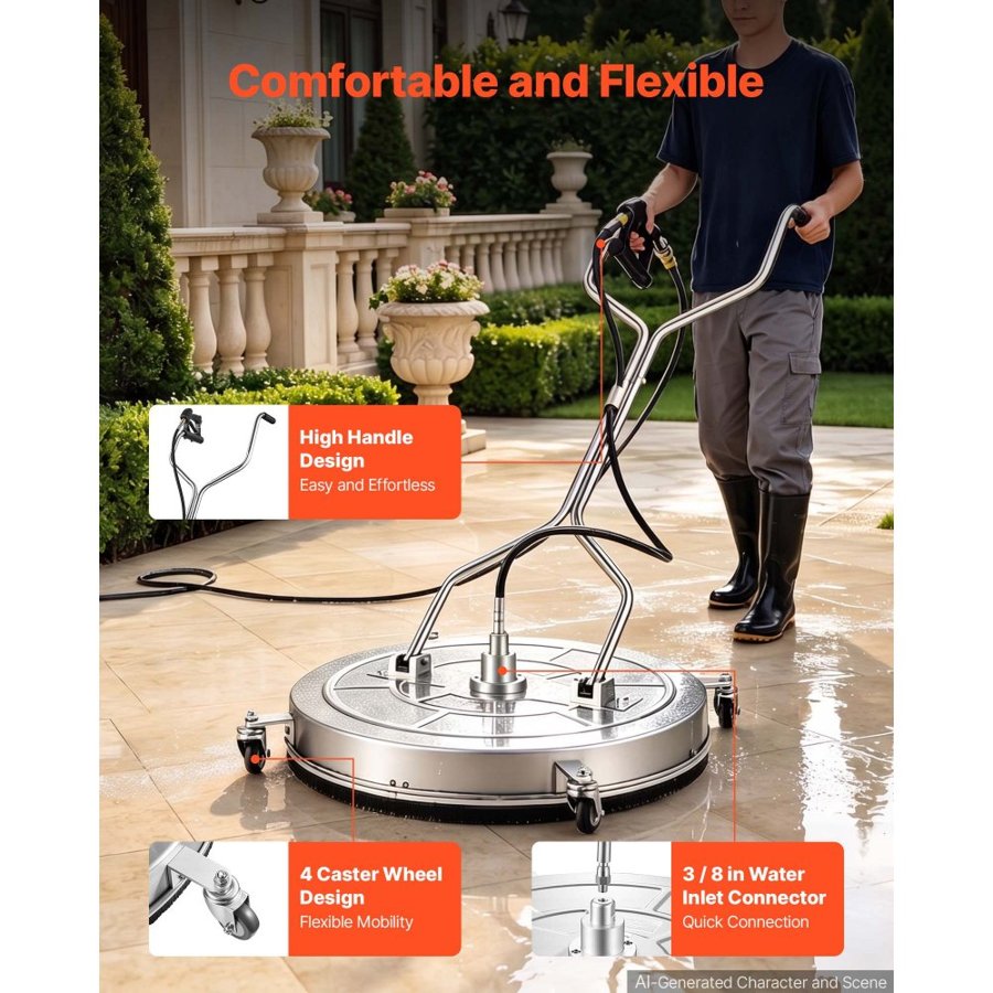 VEVOR 76.2 cm Pressure Washer Surface Cleaner with Wheels, Stainless Steel, Power Washer Attachment with Raised Handle for Concrete, Patio, Sidewalk, Deck, Driveway, 4000 Max PSI, 3/8 Quick Connector
