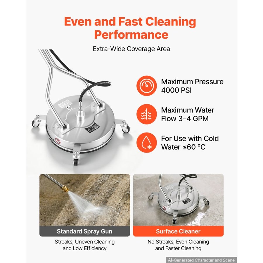 VEVOR 41.9 cm Pressure Washer Surface Cleaner with Wheels, Stainless Steel, Power Washer Attachment with Raised Handle for Concrete, Patio, Sidewalk, Deck, Driveway, 4000 Max PSI, 3/8 Quick Connector