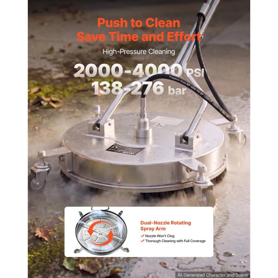 VEVOR 41.9 cm Pressure Washer Surface Cleaner with Wheels, Stainless Steel, Power Washer Attachment with Raised Handle for Concrete, Patio, Sidewalk, Deck, Driveway, 4000 Max PSI, 3/8 Quick Connector