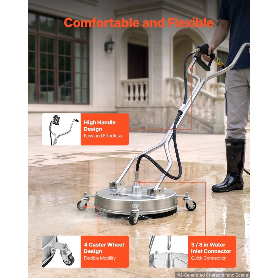 VEVOR 41.9 cm Pressure Washer Surface Cleaner with Wheels, Stainless Steel, Power Washer Attachment with Raised Handle for Concrete, Patio, Sidewalk, Deck, Driveway, 4000 Max PSI, 3/8 Quick Connector
