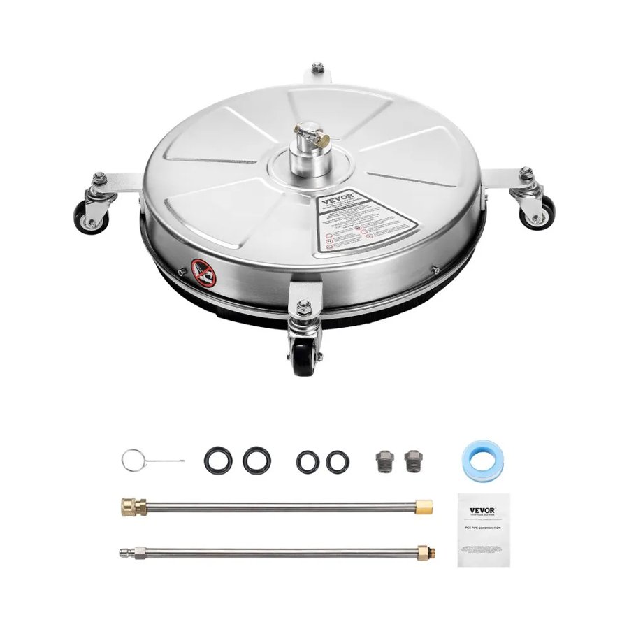VEVOR 18" Pressure Washer Surface Cleaner, Stainless Steel Pressure Washer Attachments with 4 Wheels, 4000 Max PSI, 1/4 Quick Connector, 2 Spray Nozzles, 2 Extended Wands for Concrete, Patio, Deck