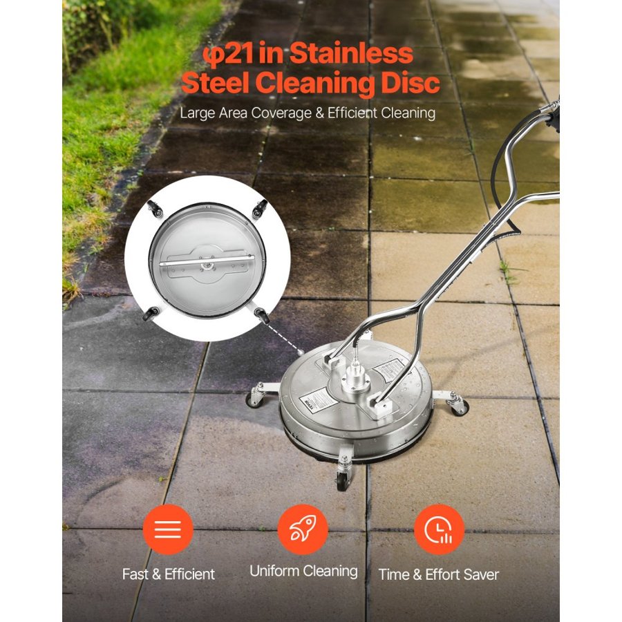 VEVOR 21" Pressure Washer Surface Cleaner, Stainless Steel Pressure Washer Attachments with 4 Wheels, 4500 Max PSI, 3/8 Quick Connector, 2 Spray Nozzles, Dual Handle, for Concrete, Patio, Sidewalk