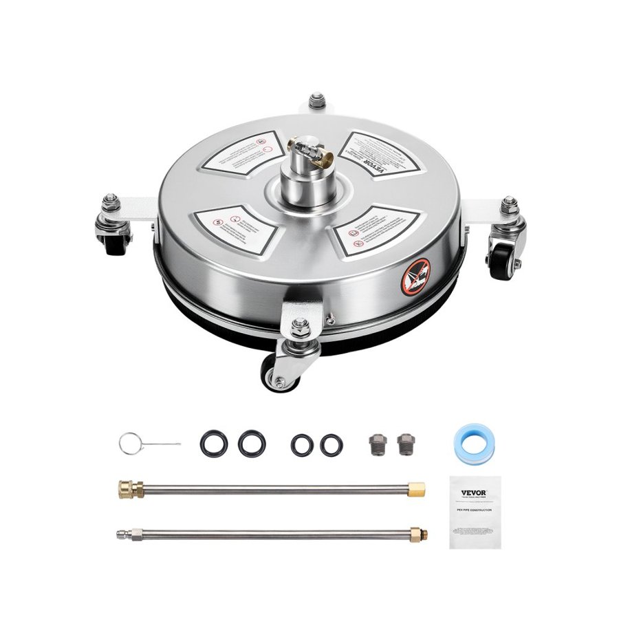 VEVOR 14" Pressure Washer Surface Cleaner, Stainless Steel Pressure Washer Attachments with 4 Wheels, 4000 Max PSI, 1/4 Quick Connector, 2 Spray Nozzles, 2 Extended Wands for Concrete, Patio, Deck