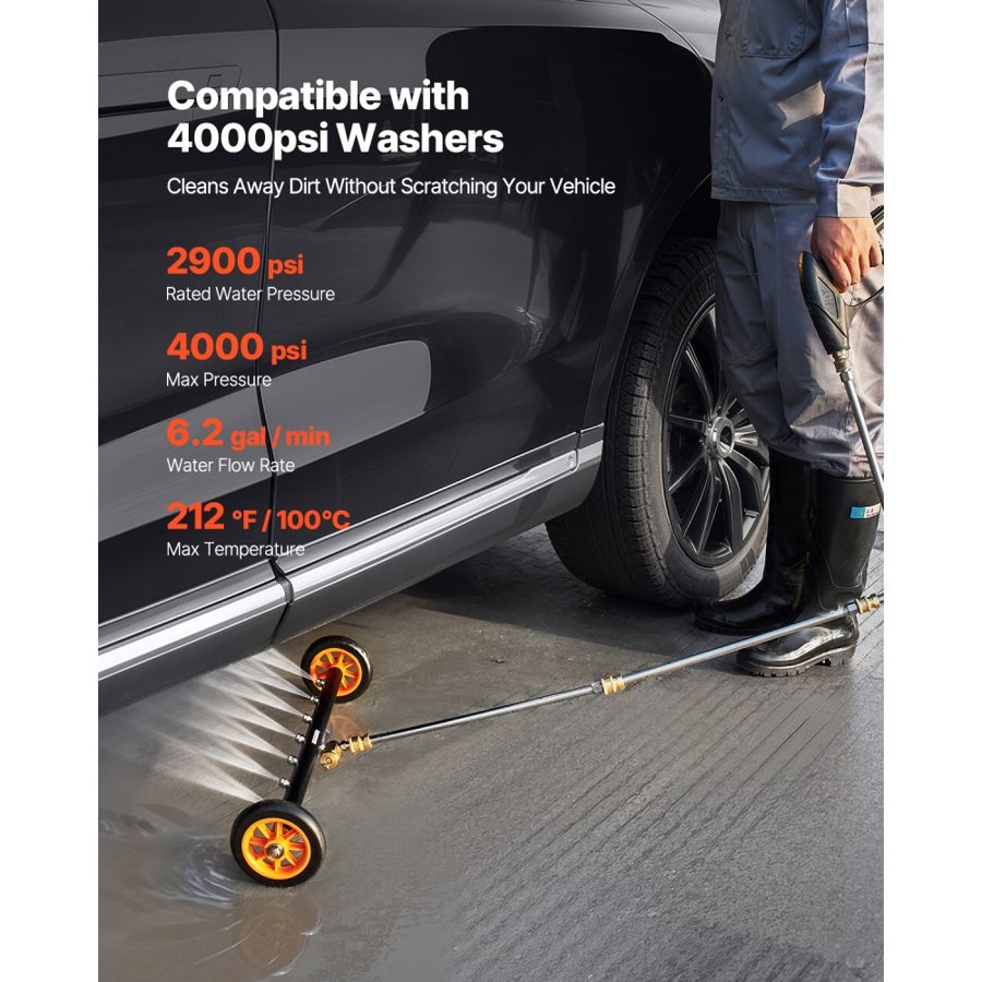 VEVOR 24" Pressure Washer Undercarriage Cleaner, Stainless Steel Surface Cleaner for Pressure Washer, 4000 Max PSI, Angle Adjustment Gear, 7 Spray Nozzles, 2 Extended Wands for Driveway, Patio, Deck