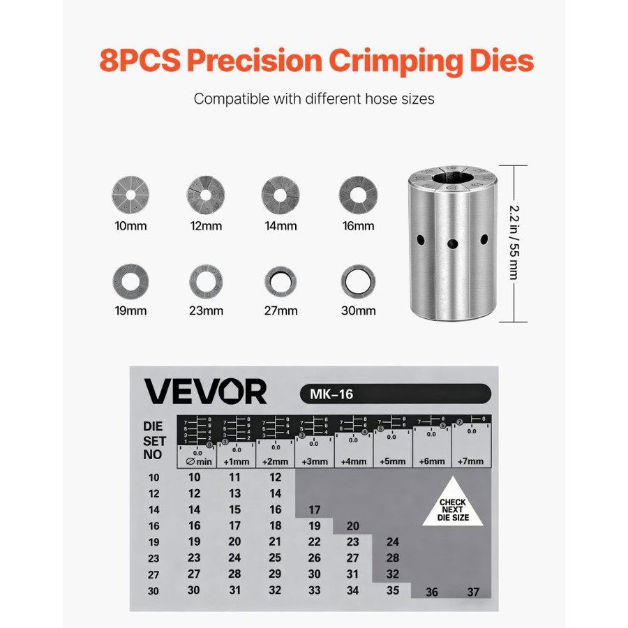 VEVOR High Pressure Hose Crimper – 8 Dies, 0.24"-1.1" Range