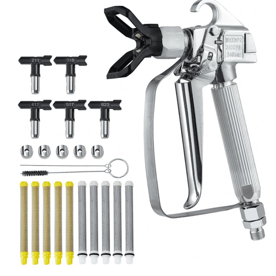 VEVOR Airless Paint Spray Gun, 3600PSI High Pressure Airless Paint Sprayer Gun with 5 Tips, 211, 315, 417, 517, 623, Swivel Joint Airless Spray Gun Kit with Filters, Cleaning Needle and Brush