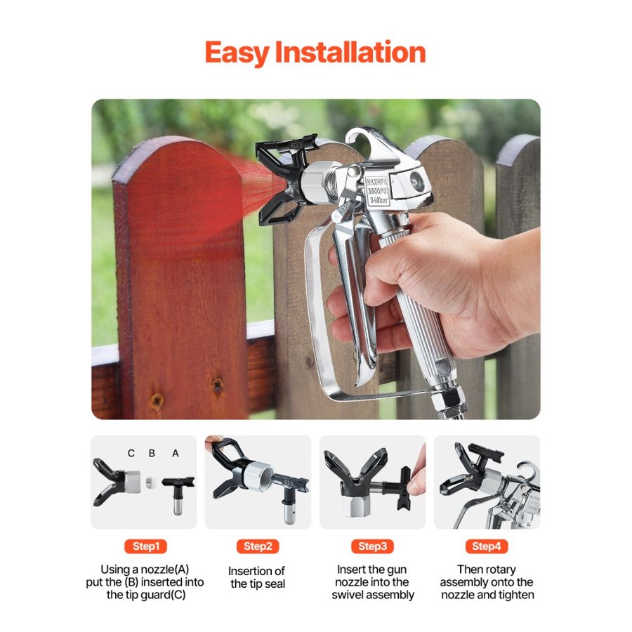 VEVOR Airless Paint Spray Gun, 3600PSI High Pressure Airless Paint Sprayer Gun with 5 Tips, 211, 315, 417, 517, 623, Swivel Joint Airless Spray Gun Kit with Filters, Cleaning Needle and Brush