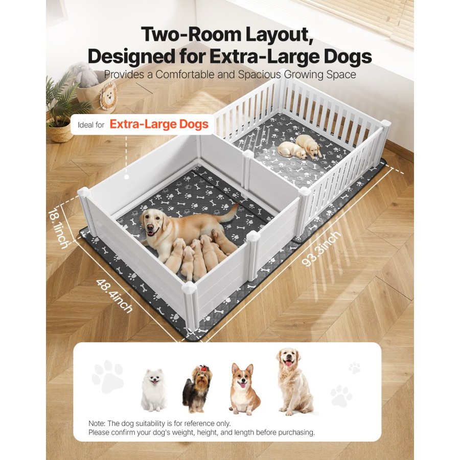 VEVOR Dogs Whelping Box, 93.3x48.4x18.1 inch, Plastic PVC Puppies Playpen with Height Adjustable Door and Washable Pee Pad, 2-Room Layout Indoor Puppy Play Pen for Extra Large Breed Dogs, Milk White