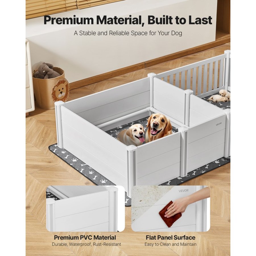 VEVOR Dogs Whelping Box, 93.3x48.4x18.1 inch, Plastic PVC Puppies Playpen with Height Adjustable Door and Washable Pee Pad, 2-Room Layout Indoor Puppy Play Pen for Extra Large Breed Dogs, Milk White