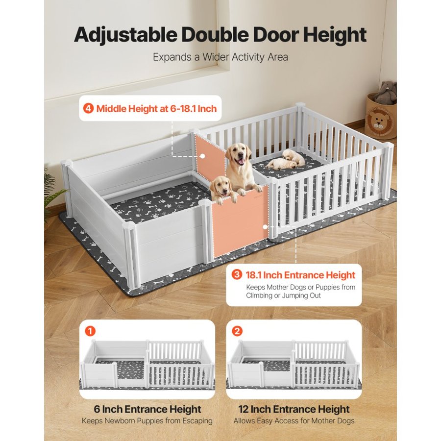 VEVOR Dogs Whelping Box, 93.3x48.4x18.1 inch, Plastic PVC Puppies Playpen with Height Adjustable Door and Washable Pee Pad, 2-Room Layout Indoor Puppy Play Pen for Extra Large Breed Dogs, Milk White