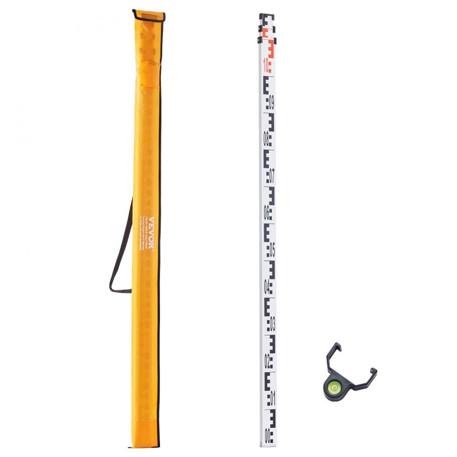 VEVOR Aluminum Grade Rod, 3M Metric Telescopic Measuring Rod, Double-Sided Scale in CM/MM Leveling Rod Stick,Aluminum Alloy Survey Rod with Bubble Level &Carrying Bag for Measuring Houses,Walls,Floor