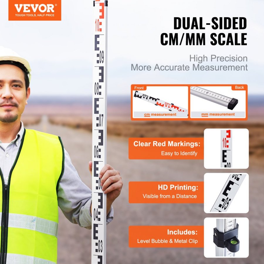 VEVOR Aluminum Grade Rod, 3M Metric Telescopic Measuring Rod, Double-Sided Scale in CM/MM Leveling Rod Stick,Aluminum Alloy Survey Rod with Bubble Level &Carrying Bag for Measuring Houses,Walls,Floor