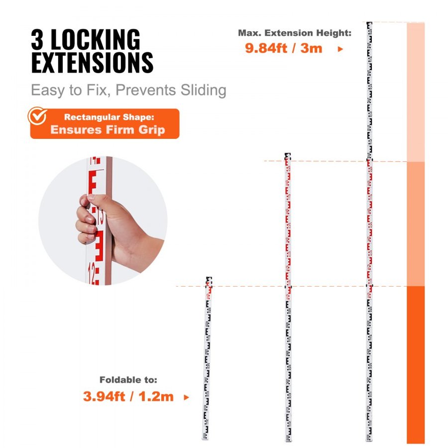VEVOR Aluminum Grade Rod, 3M Metric Telescopic Measuring Rod, Double-Sided Scale in CM/MM Leveling Rod Stick,Aluminum Alloy Survey Rod with Bubble Level &Carrying Bag for Measuring Houses,Walls,Floor
