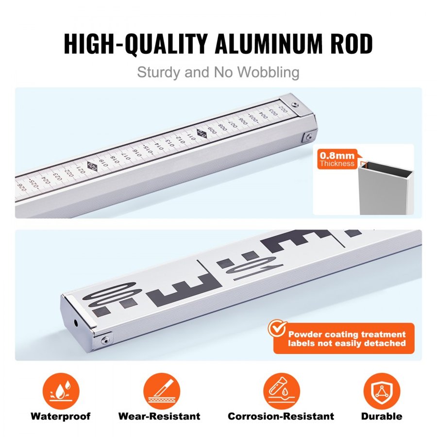 VEVOR Aluminum Grade Rod, 3M Metric Telescopic Measuring Rod, Double-Sided Scale in CM/MM Leveling Rod Stick,Aluminum Alloy Survey Rod with Bubble Level &Carrying Bag for Measuring Houses,Walls,Floor