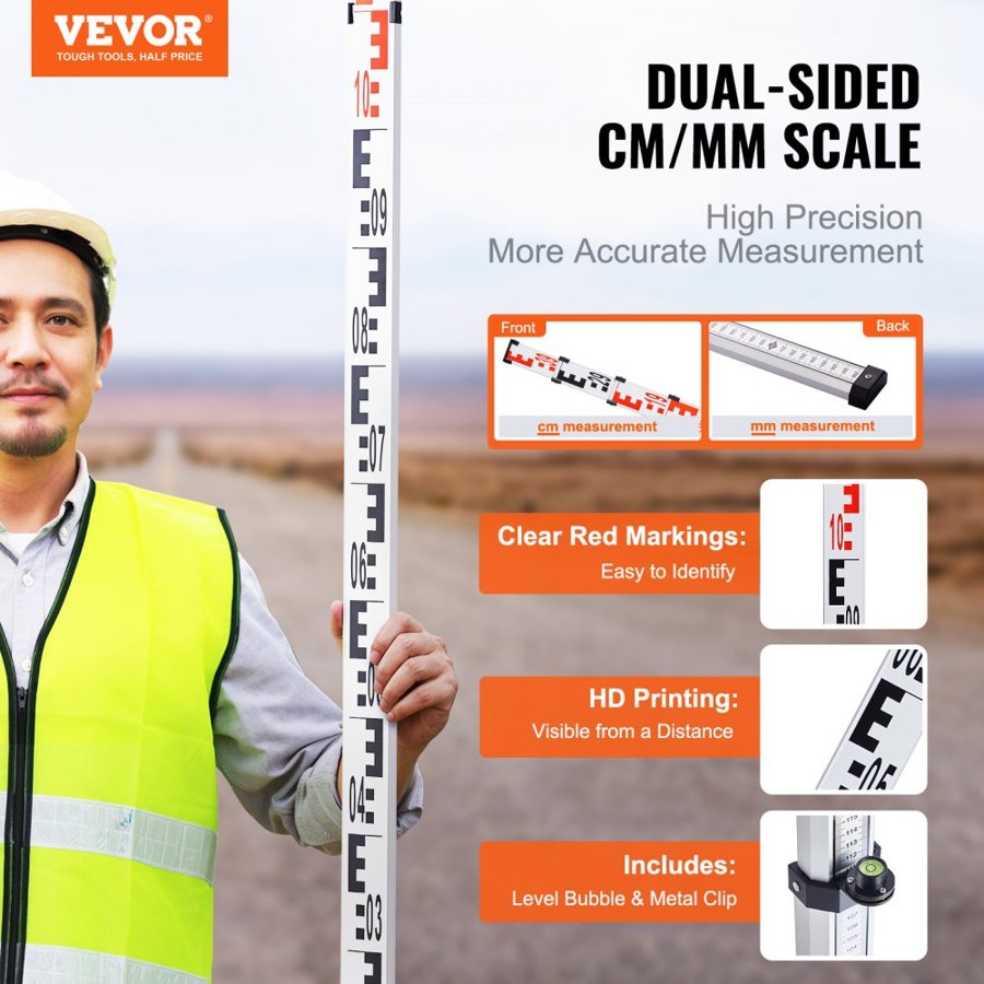 VEVOR Aluminum Grade Rod, 4M Metric Telescopic Measuring Rod, Double-Sided Scale in CM/MM Leveling Rod Stick,Aluminum Alloy Survey Rod with Bubble Level &Carrying Bag for Measuring Houses,Walls,Floors